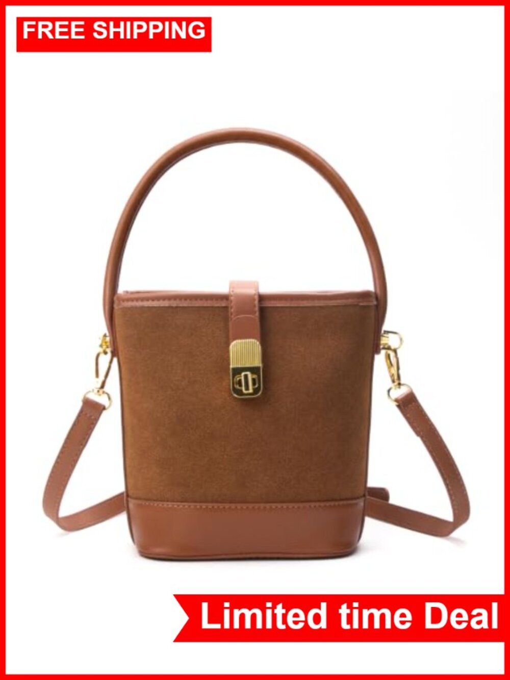 Faux Suede Bucket Bag Women Crossbody Top Handle Purse Twist Lock